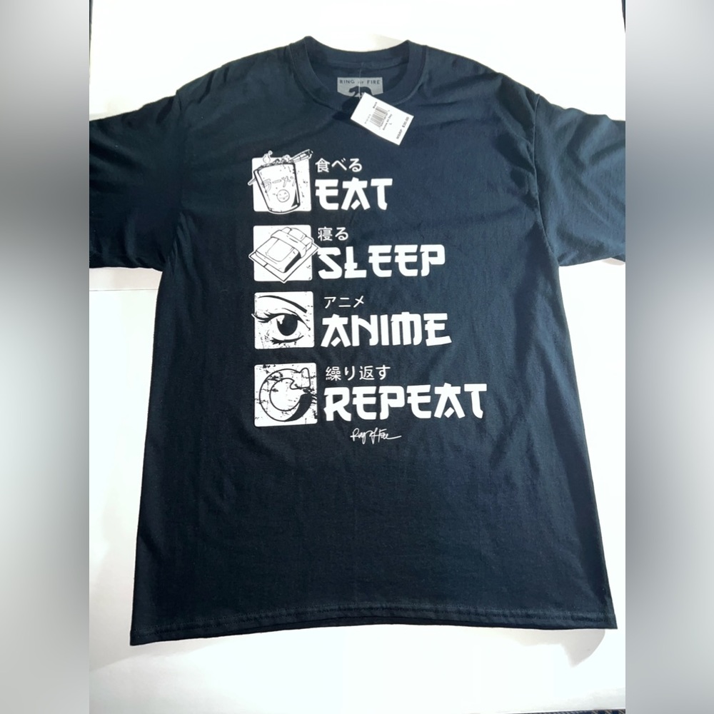 Black With White Wording Eat Sleep Anime Repeat Shirt